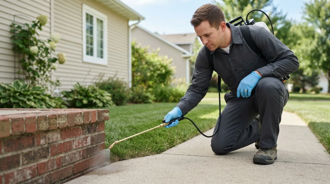 Pest control technician treating a home near Ensign, KS