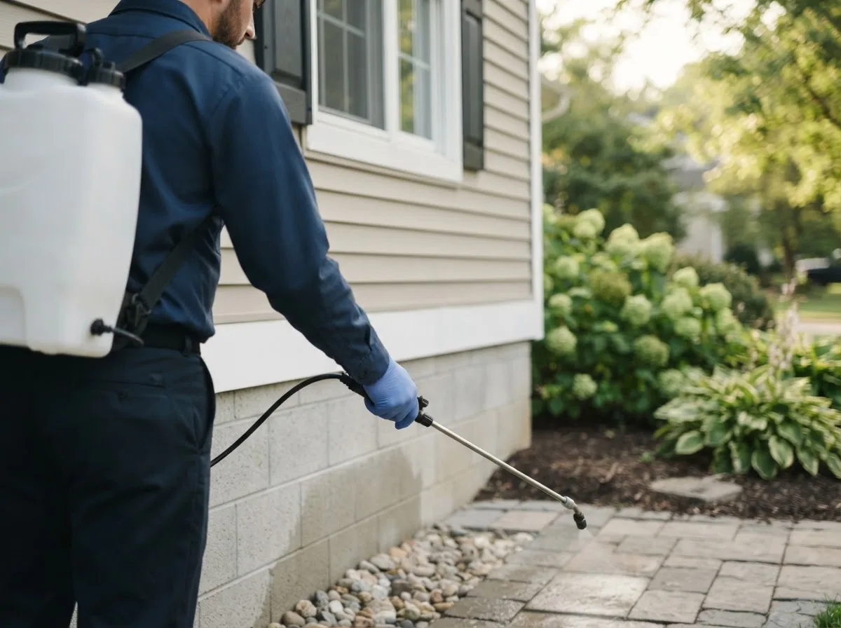 Pest control technician inspecting a home in Ensign, KS